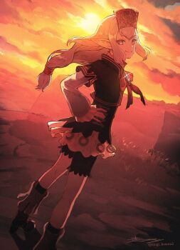 1girl boots cloud cloudy_sky commentary elf elvaan final_fantasy final_fantasy_xi final_fantasy_xiv floating_hair foot_out_of_frame frilled_sleeves frills glint hand_on_own_hip highres long_hair long_sleeves looking_at_viewer low-tied_long_hair mugi_kosuta orange_theme pointy_ears prishe shorts signature sky smile solo sun sunset twitter_username