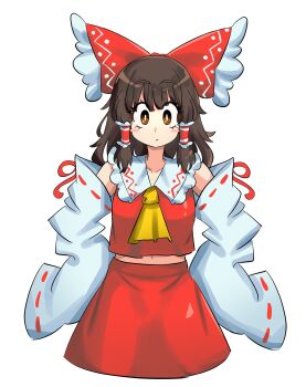 Rule 34 | 1girl, absurdres, ascot, bow, brown eyes, brown hair, collarbone, commentary, detached sleeves, english commentary, frilled bow, frilled hair tubes, frills, hair bow, hair tubes, hakurei reimu, hands on own hips, highres, looking at viewer, medium hair, midriff, navel, nontraditional miko, red bow, red shirt, red skirt, ribbon-trimmed sleeves, ribbon trim, shirt, simple background, skirt, sleeveless, sleeveless shirt, sleeves past fingers, sleeves past wrists, smug suriipi, solo, touhou, white background, yellow ascot