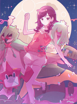1girl absurdres alolan_form alolan_muk braid brown_eyes charjabug closed_mouth commentary_request decidueye floral_print gen_4_pokemon gen_7_pokemon hand_up highres kuritiizu leg_up looking_down mareanie moon night nintendo orange_shirt outdoors pokemon pokemon_(creature) pokemon_usum rotom rotom_dex selene_(pokemon) shirt shoes shorts sky sleeveless sleeveless_shirt smile sparkle twin_braids white_shorts