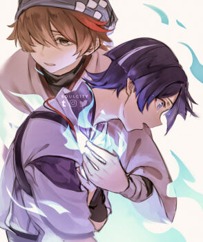 2boys armor bandaged_arm bandages bandana blue_bandana blue_fire blunt_ends brown_eyes brown_hair commentary english_commentary eyeshadow fire genshin_impact hair_between_eyes hair_over_one_eye japanese_armor japanese_clothes jewelry kariginu kimono kote kurokote long_sleeves makeup male_focus multicolored_hair multiple_boys necklace niwa_(genshin_impact) one_eye_covered open_mouth purple_eyes purple_hair purple_kimono red_eyeshadow red_hair scaramouche_(genshin_impact) scaramouche_(kabukimono)_(genshin_impact) short_hair simple_background soulc1ty streaked_hair tears teeth upper_body upper_teeth_only white_background white_kimono wide_sleeves