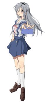 Rule 34 | 1girl, blue eyes, blue skirt, blush, brown shoes, clannad, full body, grey hair, highres, loafers, long hair, looking at viewer, neck ribbon, red ribbon, ribbon, sailor collar, sakagami tomoyo, shirt, shoes, short sleeves, sidelocks, skirt, socks, solo, suspender skirt, suspenders, tomotenasi e, white sailor collar, white shirt, white socks, wrapped bento