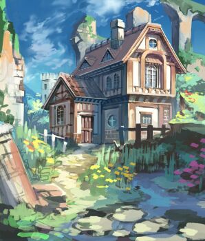 chimney cloud day de_(hato0125) fence flower grass highres house moss no_humans original outdoors path picket_fence pink_flower pond road ruins scenery stepping_stones tree wooden_fence yellow_flower