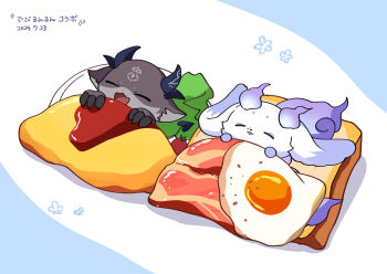 2others :3 :d absurdres bacon black_horns blue_background bread bread_slice cherry_tomato chibikemo claws closed_eyes commentary dated debidebi_debiru demon demon_horns demon_tail egg_(food) fang flower_symbol food fried_egg fried_egg_on_toast highres horns in_food ketchup lettuce lunlun_(nijisanji) lying mikawa_ayumu multiple_others nijisanji no_humans omelet omurice on_back open_mouth simple_background skin_fang sleeping smile symbol-only_commentary tail toast tomato translation_request two-tone_background virtual_youtuber white_background