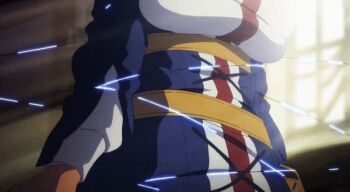 1girl animated animated_gif anime_screenshot blue_dress bound breast_press breasts brown_eyes dark-skinned_female dark_skin dress hat holt_(mahoutsukai_reimeiki) interior large_breasts long_sleeves mahoutsukai_reimeiki open_mouth red_hair short_hair string tied_up