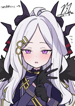 1girl absurdres adjusting_clothes adjusting_gloves arrow_(symbol) black_gloves black_horns blue_archive blush commentary_request dated gloves hair_ornament hairclip highres hina_(blue_archive) horns jacket long_hair long_sleeves multiple_horns nyanzai-sensei open_mouth purple_eyes purple_jacket solo translation_request upper_body white_background white_hair