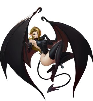 1girl artist_request black_gloves black_thighhighs blonde_hair blue_eyes breasts chain choker covered_navel demon_(megami_tensei) demon_girl demon_tail demon_wings elbow_gloves gloves grey_lips highres nut_(hardware) official_art persona persona_5 persona_5:_the_phantom_x pointy_ears shin_megami_tensei solo succubus_(megami_tensei) tail thighhighs third-party_source transparent_background twirling_hair wings