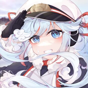 1girl aqua_eyes aqua_hair black_coat black_gloves black_necktie coat fur-trimmed_coat fur-trimmed_sleeves fur_trim gloves hair_ribbon hat hatsune_miku long_hair looking_at_viewer mita multicolored_hair necktie official_alternate_costume official_alternate_hairstyle peaked_cap red_hair red_ribbon red_shirt ribbon sailor_hat shirt smile solo teeth twintails very_long_hair vocaloid yuki_miku yuki_miku_(2022)