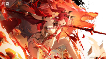 1girl absurdres armlet armor bare_shoulders bodysuit boots breastplate breasts chinese_commentary collar commentary_request copyright_notice earrings fire hair_between_eyes hairband headgear highres holding holding_polearm holding_weapon jewelry logo long_hair looking_ahead lupa_(wuthering_waves) medium_breasts metal_collar metal_hairband official_art open_mouth polearm red_hair smile solo tail teeth thigh_boots upper_teeth_only weapon white_bodysuit white_boots wolf wolf_tail wrist_guards wuthering_waves yellow_eyes