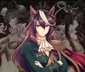 3girls ahoge aiguillette animal_ears ascot bandaid bandaid_on_face bandaid_on_nose black_hair brown_hair choker closed_mouth coat cropped_jacket crossed_arms epaulettes frown gloves green_coat green_eyes hair_ornament hairclip hand_up hi_(ibisf5umauma) highres horse_ears horse_girl horse_tail jacket long_hair medal miniskirt mouth_hold mr._c.b._(umamusume) multicolored_hair multiple_girls narita_brian_(umamusume) navel ponytail sarashi shirt single_epaulette skirt smile solo_focus stalk_in_mouth strapless strapless_shirt streaked_hair symboli_rudolf_(umamusume) tail umamusume upper_body v-shaped_eyebrows white_coat white_gloves white_jacket