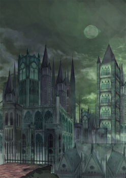 arched_window architecture building comet_(tvgz5235) commentary_request full_moon gothic_architecture green_sky moon night no_humans original outdoors scenery sky spire tower window