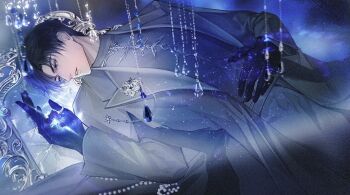 Rule 34 | 1boy, black gloves, black hair, broken mirror, coat, commentary request, crystal, gloves, grey coat, grey pants, grey shirt, hand on own stomach, highres, long coat, love and deepspace, lying, male focus, mirror, on back, pants, parted bangs, parted lips, shirt, short hair, solo, thumb ring, wawwxxx, zayne (love and deepspace)