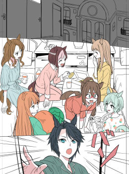 6+girls :d ^_^ alarm_clock all_fours animal_ears black_hair blue_eyes brown_hair cabinet carrot_print clock closed_eyes commentary cup domino_mask el_condor_pasa_(umamusume) eye_mask food_print fuji_kiseki_(umamusume) grass_wonder_(umamusume) green_eyes green_hair highres holding holding_cup holding_stuffed_toy horse_ears horse_girl horse_tail king_halo_(umamusume) lamp long_hair magazine_(object) mask multicolored_hair multiple_girls on_bed open_mouth pajamas ponekusan ponytail seiun_sky_(umamusume) seiza short_hair silence_suzuka_(umamusume) sitting smile special_week_(umamusume) stuffed_animal stuffed_toy tail tracen_academy two-tone_hair umamusume vase white_hair