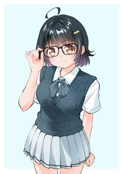 Rule 34 | 1girl, adjusting eyewear, ahoge, black hair, blue background, border, brown eyes, glasses, grey skirt, grey sweater vest, hair ornament, hairclip, looking at viewer, mixed-language commentary, original, outside border, school uniform, shirt, short hair, simple background, skirt, smile, solo, sweater vest, white border, white shirt, yamanaka kouji (yanchiki2001)