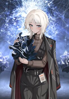 Rule 34 | 1girl, belt, black belt, black pants, blue eyes, brown sweater, character name, closed mouth, coat, commentary request, faust (project moon), highres, holding, id card, limbus company, long sleeves, medium hair, mixed-language commentary, open clothes, open coat, pants, project moon, ribbed sweater, roan green, solo, sweater, sweater tucked in, turtleneck, turtleneck sweater, white hair