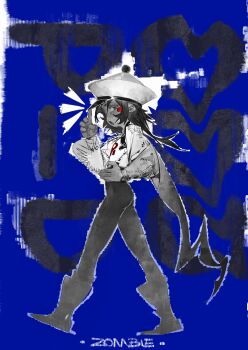 Rule 34 | 1girl, absurdres, black hair, blue background, boots, commentary, hat, heart, highres, jiangshi, linween, long hair, open mouth, original, qingdai guanmao, solo