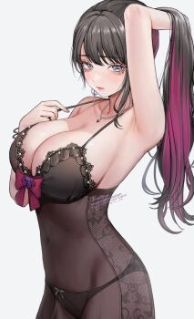 10_plus 1girl arm_up armpits black_hair blush bow bowtie bra breasts collarbone colored_inner_hair commission earrings eyelashes flower highres jewelry koinoya_mai lace lace-trimmed_bra lace_trim large_breasts lingerie long_hair looking_at_viewer mole mole_under_eye multicolored_hair necklace panties ponytail propro_production purple_eyes skeb_commission solo two-tone_hair underwear virtual_youtuber