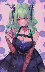 Rule 34 | 1girl, absurdres, antlers, bare shoulders, black choker, black dress, black nails, black ribbon, blush, breasts, cellphone, ceres fauna, ceres fauna (goth), choker, cleavage, detached sleeves, dress, floral background, goth fashion, green hair, hair ribbon, heart, heart choker, highres, hololive, hololive english, horns, jewelry, kokomi (aniesuakkaman), looking at phone, mole, mole under eye, nail polish, necklace, official alternate costume, phone, ribbon, short twintails, smartphone, smile, solo, twintails, virtual youtuber, yellow eyes