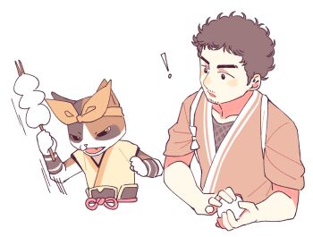 Rule 34 | !, 1boy, black hair, cat, facial hair, headband, kani6850, male focus, monster hunter (series), nanba mutta, samue, short hair, simple background, skewer, solo, stubble, tasuki, uchuu kyoudai, upper body, white background