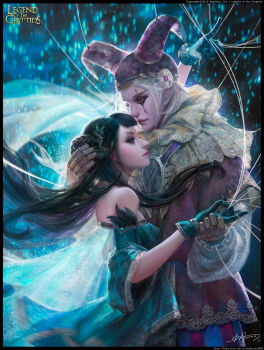 1boy 1girl aqua_eyes aqua_gloves bare_shoulders black_hair blue_dress border cape cloak copyright_name detached_sleeves double_bun dress facepaint gauntlets gloves hair_ornament hat hetero highres holding_hands hug jester_cap jewelry legend_of_the_cryptids lips long_hair makeup mascara nightrain1003 purple_eyes see-through_clothes signature sleeveless sleeveless_dress smile strapless strapless_dress string string_around_finger twintails upper_body very_long_hair yu-han_chen