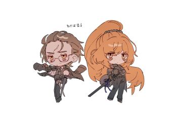 Rule 34 | 1boy, 1girl, :/, adjusting clothes, adjusting gloves, bags under eyes, black jacket, black necktie, blank stare, brown hair, chibi, chibi only, cigar, collared shirt, double-parted bangs, exhausted, freckles, full body, glasses, gloves, gregor (project moon), hair slicked back, half-closed eye, high ponytail, holding, holding cigar, holding sword, holding weapon, ishmael (project moon), isoveage com, jacket, jacket on shoulders, jeong's office (identity), limbus company, necktie, night awls (identity) (project moon), official alternate costume, orange hair, peg leg, planted, planted sword, planted weapon, ponytail, project moon, scar, scar on face, sheath, shirt, standing, standing on one leg, striped clothes, striped vest, sword, translation request, vest, weapon, white shirt, yellow eyes