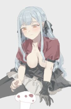 Rule 34 | 1girl, bang dream!, bang dream! it's mygo!!!!!, black gloves, black pantyhose, black ribbon, black skirt, blue hair, blush, chinese commentary, commentary request, earrings, gloves, grey background, hair ribbon, highres, jewelry, long hair, nipples, oblivionis (bang dream!), open clothes, open shirt, orange eyes, pantyhose, red shirt, ribbon, shirt, sidelocks, simple background, single glove, skirt, solo, togawa sakiko, two side up, yukikuma (yukikuma 018)