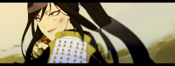 Rule 34 | 1boy, armor, black hair, bruise, bruise on face, commentary request, eyeliner, fingernails, holding, holding sword, holding weapon, injury, japanese armor, japanese clothes, kariginu, letterboxed, long fingernails, long hair, makeup, male focus, masami (souzou jinsei sanka), ootachi, open mouth, ponytail, red eyeliner, shoulder armor, solo, sword, tarou tachi, touken ranbu, weapon, yellow eyes, yellow nails