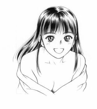 1990s_(style) 1girl :d breasts character_request cleavage copyright_request cropped_torso downblouse greyscale happy light_blush lineart long_hair long_sidelocks looking_at_viewer medium_breasts monochrome off_shoulder open_mouth retro_artstyle sidelocks simple_background smile solo teiku_(take) upper_body