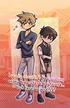 2boys antenna_hair black_eyes black_hair black_shoes black_sweater_vest blue_sweater blush brown_hair brown_shorts closed_mouth collarbone collared_shirt commentary crossed_arms double-parted_bangs english_commentary english_text grey_pants hair_between_eyes height_difference hero_(faraway)_(omori) hero_(omori) highres long_sleeves looking_at_viewer male_focus multiple_boys omori pants photo_background setosexual shirt shoes short_hair shorts smile socks sunny_(omori) sweatdrop sweater sweater_vest white_shirt white_shoes white_socks yaoi