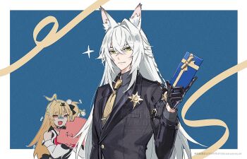 Rule 34 | 1boy, 1girl, ahoge, animal ear fluff, animal ears, bare shoulders, black gloves, black jacket, blonde hair, blue background, border, cissia (zenless zone zero), closed mouth, collar, colored tips, commentary request, crossed bangs, detached sleeves, gift, gloves, grey shirt, hair between eyes, holding, holding gift, jacket, long hair, looking at viewer, multicolored hair, necktie, open mouth, police, police badge, police uniform, policeman, red eyes, severian lowell, shidare (youh4016), shirt, snake, sparkle, white border, white hair, white snake, yellow eyes, yellow necktie, zenless zone zero
