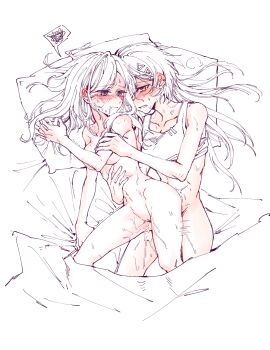 2girls bad_source blue_eyes bottomless breasts ceras_yanagida_lilienfeld cleavage clothed_female_nude_female collarbone commentary_request completely_nude edel_note futa_with_female futanari hair_ornament hand_on_another&#039;s_arm hand_on_another&#039;s_stomach highres katsuragi_izumi katsuragi_izumi_(summer_loungewear) link!_like!_love_live! long_hair love_live! medium_breasts multiple_girls nude on_bed orange_eyes partially_colored sex spoken_squiggle squiggle triangle_hair_ornament virtual_youtuber yrxy_settingsun