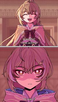 1girl brown_eyes brown_hair english_text far_cry far_cry_6 feather_hair_ornament feathers hair_ornament highres hololive hololive_english long_hair looking_at_viewer meme multicolored_hair nanashi_mumei nanashi_mumei_(1st_costume) ponytail shaded_face shirt smile streaked_hair very_long_hair virtual_youtuber zetxune