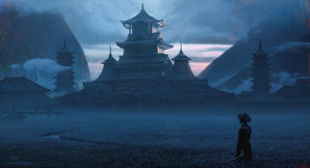 Rule 34 | 1boy, absurdres, architecture, artist name, building, castle, cloud, cloudy sky, commentary, east asian architecture, english commentary, field, flower, flower field, from behind, hat, highres, holding, holding sword, holding weapon, katana, landscape, mountain, original, painterly, raja nandepu, scenery, sky, sword, tower, weapon