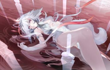 1girl absurdres alternate_form animal_ears armlet bare_shoulders breasts china_dress chinese_clothes commentary_request dress droopy_ears feet_out_of_frame hairband highres in_water jewelry knee_up leg_tattoo lying medium_breasts multiple_swords on_back parted_lips qingkefu_yixia red_eyes red_water see-through_clothes silver_armlet solo tail tattoo white_dress white_hair white_hairband white_tail ye_shunguang zenless_zone_zero