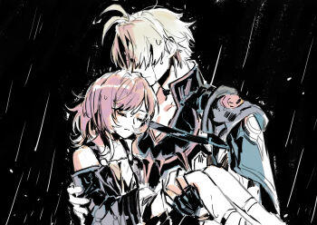 1boy 1girl ahoge anchealcjiea black_background black_coat black_gloves carrying chinese_commentary closed_eyes coat commentary_request cyrene_(aedes_elysiae)_(honkai:_star_rail) cyrene_(honkai:_star_rail) dress gloves highres honkai:_star_rail honkai_(series) multicolored_hair phainon_(honkai:_star_rail) pink_hair princess_carry rain short_hair two-tone_hair white_dress white_hair