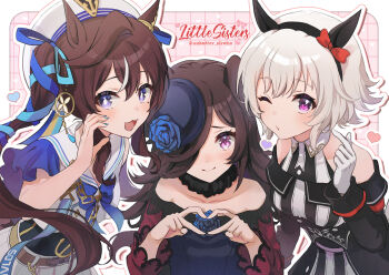 3girls anbutter_siruko aqua_nails aqua_ribbon bare_shoulders black_dress black_hairband blue_bow blue_bowtie blue_dress blue_flower blue_hat blue_ribbon blue_rose bow bowtie brown_hair closed_mouth clothing_cutout collarbone commentary_request curren_chan_(fille_eclair)_(umamusume) curren_chan_(umamusume) dress ear_ornament ears_down english_text flower four-finger_heart_hands gloves grid_background hair_ribbon hairband hat hat_flower heart heart_hands highres horse_girl long_hair long_sleeves looking_at_viewer multicolored_hair multiple_girls one_eye_closed pink_background puckered_lips purple_eyes ribbon rice_shower_(rosy_dreams)_(umamusume) rice_shower_(umamusume) rose sailor_collar sailor_shirt shirt short_hair shoulder_cutout skirt smile streaked_hair striped_clothes striped_dress twintails twitter_username two-tone_dress umamusume vivlos_(umamusume) vivlos_(voyage_etincelant)_(umamusume) white_dress white_gloves white_hair white_hat white_shirt white_skirt
