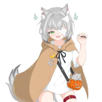 1girl :d animal_ears bandage_over_one_eye belt black_nails brown_cloak claw_pose cloak colored_tips commentary fang green_eyes grey_hair halloween_costume highres hitodama hood hood_down hooded_cloak jack-o'-lantern kamizuki_naki looking_at_viewer multicolored_hair no_pants notched_ear open_mouth prism_project shirt short_hair short_sleeves smile stuffed_animal stuffed_toy stuffed_wolf tail thigh_belt thigh_strap transparent_background triangular_headpiece two-tone_hair uts v-shaped_eyebrows virtual_youtuber white_shirt wolf_ears wolf_girl wolf_tail