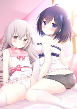2girls ahoge ass bare_shoulders bed_sheet black_hair black_panties blue_eyes blue_hair blush bow bow_panties breasts bronya_zaychik brown_eyes camisole closed_mouth commentary english_commentary engrish_commentary flat_chest frilled_camisole frilled_shirt frills grey_hair hair_between_eyes honkai_(series) honkai_impact_3rd indoors long_hair looking_at_viewer looking_back medium_breasts multicolored_hair multiple_girls no_shoes panties red_bow renew_vivi ringlets seele_vollerei shirt sitting sleeveless sleeveless_shirt smile socks soles striped_bow thighhighs two-tone_hair underwear very_long_hair wariza white_camisole white_legwear white_panties white_shirt window