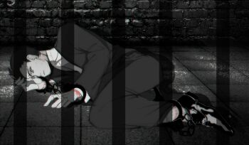 Rule 34 | 1boy, black coat, black hair, black pants, black shoes, blazer, blood, blood on hands, bound, bound ankles, bound legs, bound wrists, brick wall, bruise, bruise on arm, bruise on leg, captured, coat, commentary request, cuffs, formal clothes, furrowed brow, giovanni (pokemon), hand on another's head, hand on ground, hand on own cheek, hand on own face, handcuffs, high collar, hugging own legs, indoors, injury, jacket, knees up, lying, male focus, monochrome, nintendo, on ground, on side, pants, pokemon, pokemon firered and leafgreen, prison, prison cell, rakuko110220, restrained, shirt, shoes, spot color, suit, sweater, tile floor, tiles, white shirt, white sweater