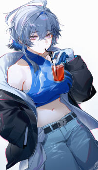 1girl absurdres ahoge alternate_costume bare_shoulders black_jacket blue_shirt breasts commentary crop_top cup denim drinking drinking_glass drinking_straw drinking_straw_in_mouth galbrena_(wuthering_waves) grey_hair hair_between_eyes hair_intakes hand_in_pocket highres holding holding_cup huge_ahoge jacket jeans large_breasts looking_at_viewer medium_hair midriff navel off_shoulder pants purple_eyes shibuya_(kurokamishain) shirt simple_background solo white_background wuthering_waves