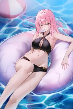 1girl :q absurdres ball beachball bikini black_bikini breasts center-flap_bangs cleavage commentary criss-cross_halter gold_trim halterneck highres hololive hololive_english i.ryuu_z innertube large_breasts long_hair looking_at_viewer lying mori_calliope mori_calliope_(holonatsu_paradise) navel o-ring o-ring_bikini official_alternate_costume on_back on_innertube pink_eyes pink_hair sidelocks solo stomach swim_ring swimsuit symbol-only_commentary tongue tongue_out virtual_youtuber water wet