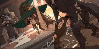 1girl 3boys animal_penis anus armpits arms_up ass bdsm bent_over bestiality black_panties body_writing bondage bone boots bound breasts brown_hair clothing_aside commission cum cum_in_mouth cum_in_pussy cum_on_floor cum_overflow cumdrip dog dog_bowl doggystyle ejaculation english_text fire fireplace glasses hat hat_belt hat_feather hetero high_heel_boots high_heels highres indoors interspecies medium_hair multiple_boys nipples nude original panties panties_aside pantyhose penis pussy rape round_eyewear sex sex_from_behind shuuko_(s_h_uuko) small_breasts speech_bubble spread_legs sumireko_(ait8) tally topless_female torn_clothes torn_pantyhose underwear vaginal