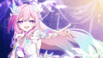1girl absurdres aqua_hair breasts commentary_request cyrene_(honkai:_star_rail) cyrene_(ripples_of_past_reverie)_(honkai:_star_rail) dress flower gradient_hair hair_flower hair_ornament hand_on_own_chest highres honkai:_star_rail honkai_(series) konaka_(usagi_draw) large_breasts long_hair looking_at_viewer multicolored_hair open_mouth pink_hair pointy_ears purple_eyes smile solo teeth upper_body very_long_hair white_dress white_hair