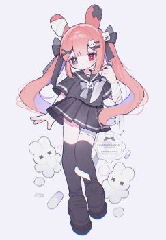 1girl animal_ears artist_name bandaged_arm bandaged_leg bandages black_bow black_eyes black_sailor_collar black_serafuku black_shirt black_shoes black_skirt black_thighhighs blunt_bangs blush bow bowtie commentary commission double-parted_bangs full_body grey_bow grey_bowtie hair_bow hair_ornament heterochromia highres holding holding_knife knife long_hair orange_hair original parted_lips pill pleated_skirt rabbit_ears rabbit_girl red_eyes sailor_collar school_uniform serafuku shirt shoes sidelocks simple_background skirt solo standing standing_on_one_leg thighhighs twintails upa_papa_co watermark white_background x_hair_ornament