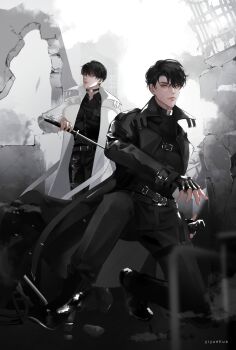 2boys absurdres aegyo_sal black_coat black_eyes black_hair black_shirt chest_belt coat collared_shirt debris full_body highres holding holding_sword holding_weapon kim_dokja looking_at_viewer male_focus multiple_boys omniscient_reader&#039;s_viewpoint open_clothes open_coat popped_collar ruins scar scar_on_face serious sheath shirt short_hair sword unsheathing walking weapon white_coat yiyuehua yoo_joonghyuk