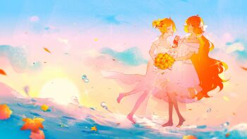 2girls absurdres barefoot bouquet commentary dress english_commentary flower full_body highres holding holding_bouquet ishmael_(project_moon) jewelry limbus_company long_hair multiple_girls necklace oc_x_canon ocean off-shoulder_dress off_shoulder orange_hair pomuringo ponytail project_moon second-party_source short_sleeves sky tiger_lily very_long_hair water wedding wedding_dress wei_(weinnoiserie) white_dress wife_and_wife yuri