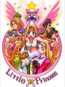 4boys 4girls angel blonde_hair blue_eyes breasts brown_hair cherie_espoir cleavage cornet_espoir crown curly_hair dress earrings etoile_rosenqueen ferdinand_marl_e green_eyes happy hat highres huge_breasts jewelry king kururu_(marl_kingdom) large_breasts long_hair marl_kingdom multiple_boys multiple_girls nippon_ichi official_art open_mouth puppet_princess_(marl_kingdom) queen ryoji_(nomura_ryouji) short_hair smile star_(symbol) tears wings