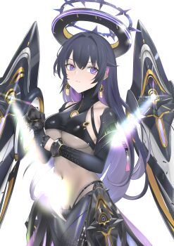 1girl above-cleavage_cutout absurdres black_boots black_gloves black_hair black_halo black_sleeves bodystocking boots breasts cape closed_mouth clothing_cutout collarbone colored_inner_hair commentary covered_navel covered_underboob cowboy_shot detached_sleeves earrings endless_(nikke) eomung gloves goddess_of_victory:_nikke hair_between_eyes hair_flaps half_gloves halo highres jewelry korean_commentary large_breasts light_rays long_hair looking_at_viewer mechanical_halo mechanical_wings multicolored_hair purple_cape purple_eyes purple_hair sidelocks solo standing thigh_boots waist_cape wings