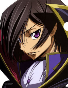 1boy absurdres anime_coloring artist_name ascot black_cape black_hair cape code_geass highres kimura_takahiro lelouch_vi_britannia looking_at_viewer male_focus newtype official_art parted_lips portrait purple_eyes short_hair simple_background solo third-party_source white_background