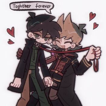 2boys ^_^ animification black_coat closed_eyes coat collar edd_(eddsworld) eddsworld english_text fang future_edd_(eddsworld) future_tord_(eddsworld) green_eyes green_hoodie hair_ears hashtag-only_commentary heart highres holding holding_leash hood hoodie immuir jitome leash looking_at_viewer male_focus mechanical_arms multiple_boys scar scar_on_face short_hair simple_background single_mechanical_arm speech_bubble the_beginning_and_the_friend tord_(eddsworld) trench_coat white_background yaoi