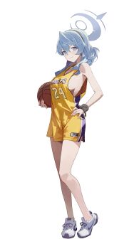 1girl ako_(blue_archive) alternate_costume ball bare_arms bare_legs bare_shoulders basketball basketball_(object) basketball_jersey basketball_uniform blue_archive blue_eyes blue_hair blue_halo blush breasts closed_mouth collarbone cuffs full_body gloves hair_between_eyes halo hand_on_own_hip highres holding holding_ball large_breasts looking_at_viewer los_angeles_lakers m.q_(mqkyrie) mixed-language_commentary shackles shoes short_hair sideboob simple_background sleeveless smile sneakers solo sportswear standing white_background